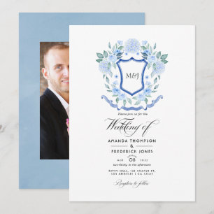 Blue Floral Monogram Crest Wedding Photo Invitation