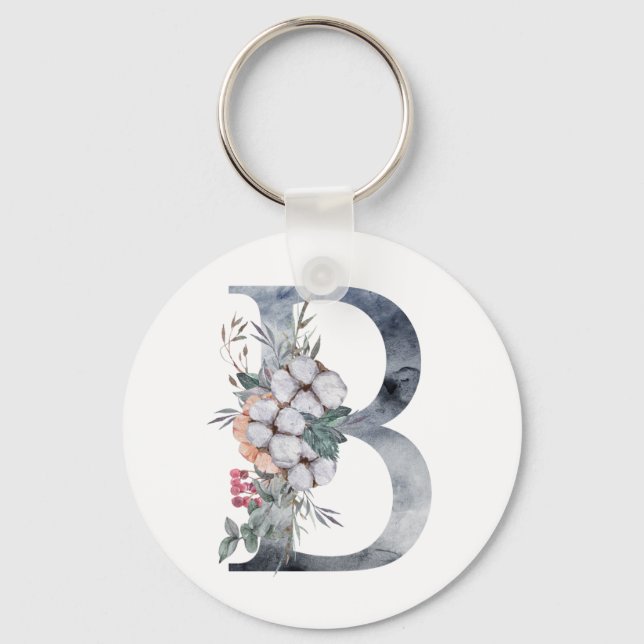 Blue Floral Monogram Initial B Key Ring (Front)