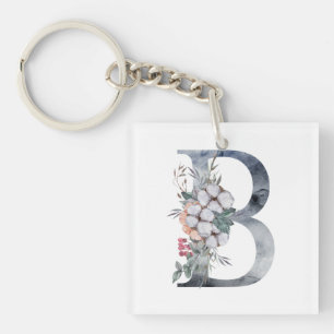 Blue Floral Monogram Initial B Key Ring