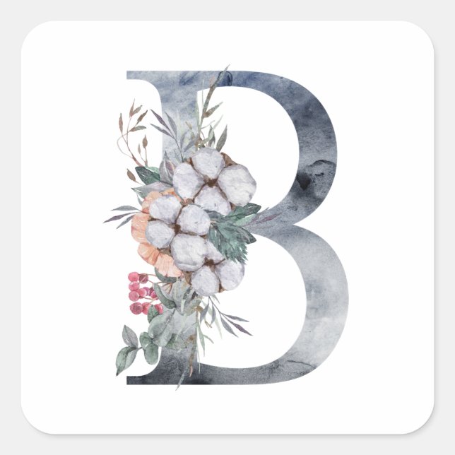 Blue Floral Monogram Initial B Square Sticker (Front)