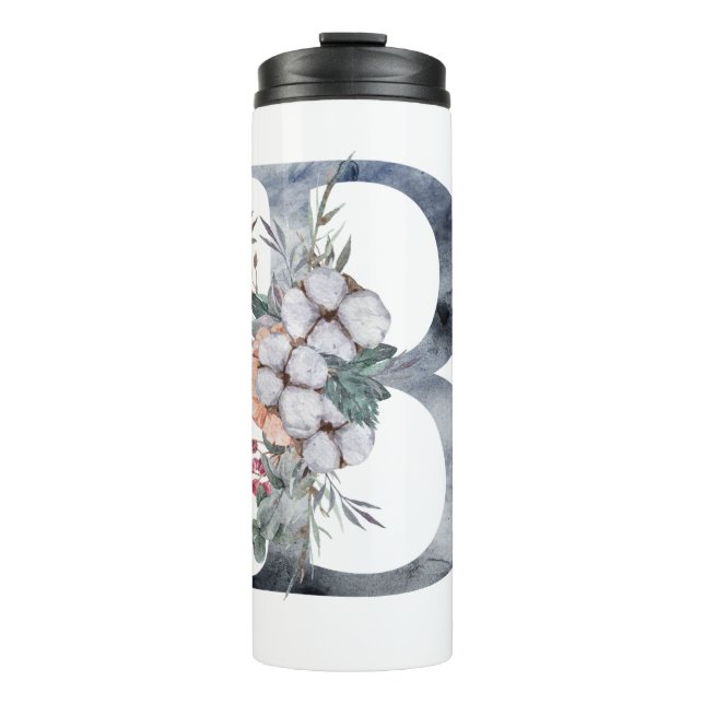 Blue Floral Monogram Initial B Thermal Tumbler (Front)