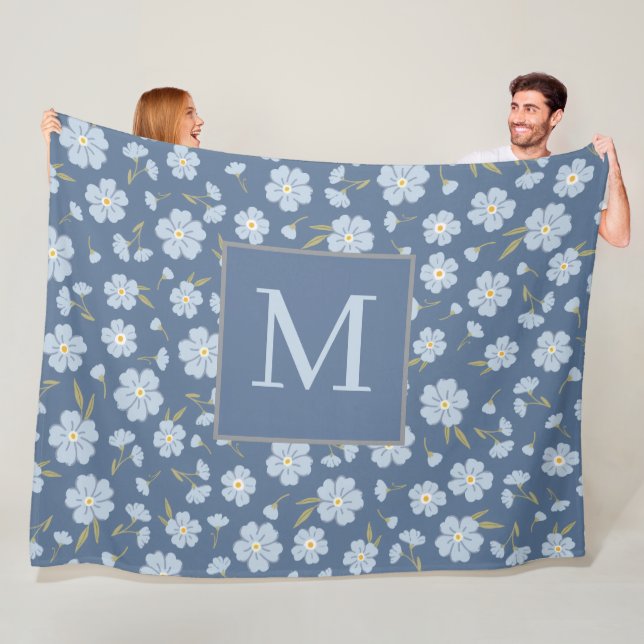 Blue Floral Monogram Initial Fleece Blanket (In Situ)