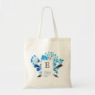 Blue Floral Monogram Initial Personalised Tote Bag