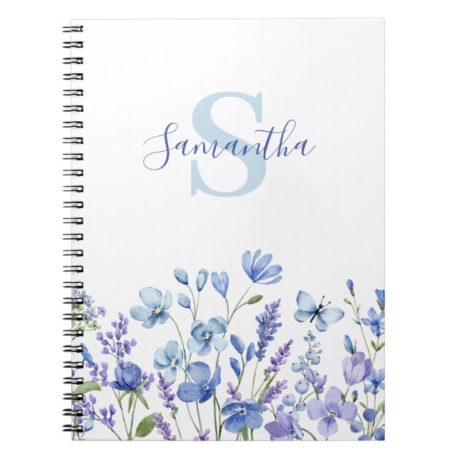 Blue Floral Monogram Name Notebook (Front)