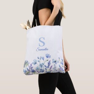 Blue Floral Monogram Name Tote Bag