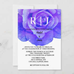 Blue Floral Monogram Rose Flowers Elegant Wedding Invitation