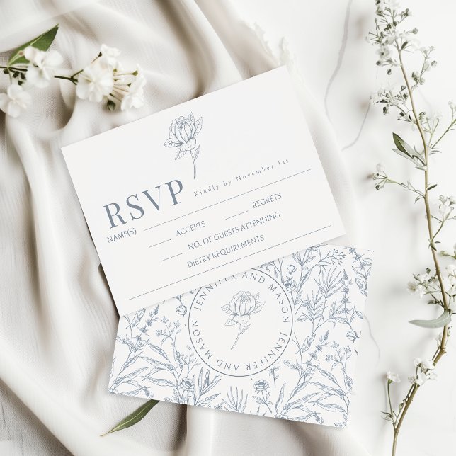 Blue floral monogram wedding response RSVP cards (Creator Uploaded)