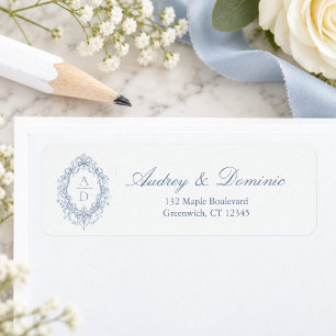 Blue Floral Monogram Wedding Return Address Label
