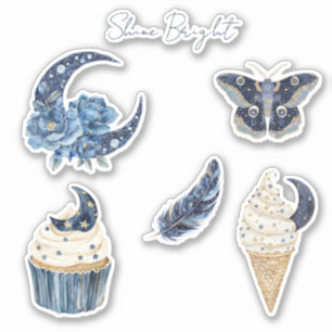 Blue Floral Moon Cupcake Ice Cream Cone Butterfly