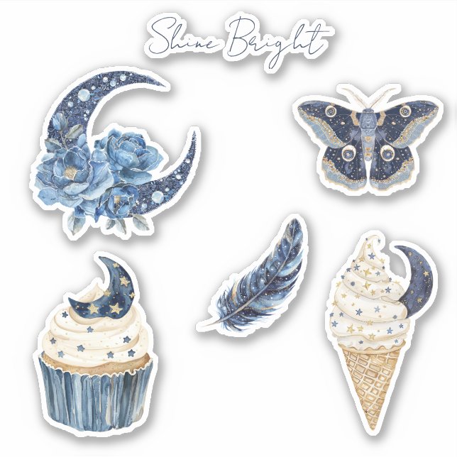 Blue Floral Moon Cupcake Ice Cream Cone Butterfly  (Front)