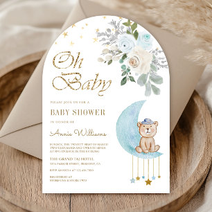Blue Floral Moon Cute Teddy Bear Arch Baby Shower Invitation