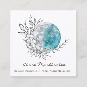 Blue Floral Moon Square Business Card