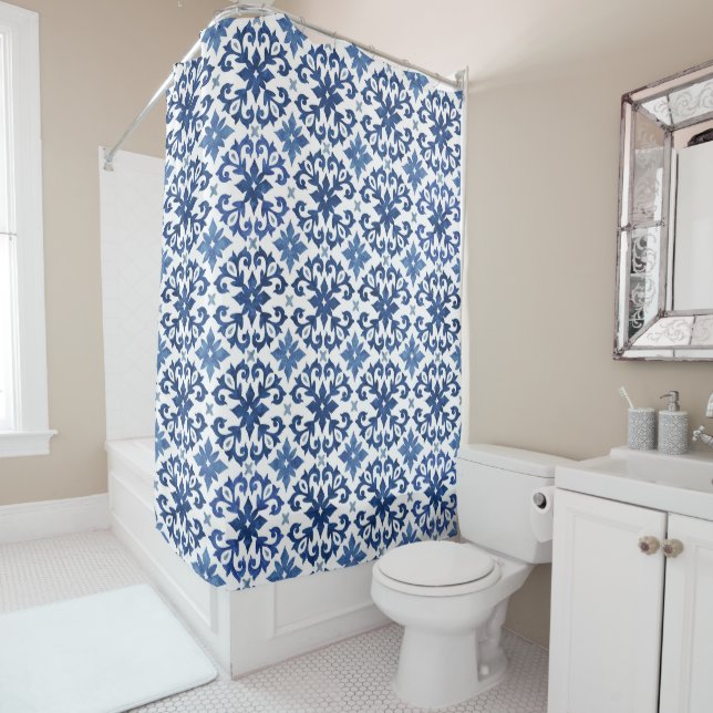 Blue Floral Moroccan Tile Pattern Shower Curtain (In Situ)