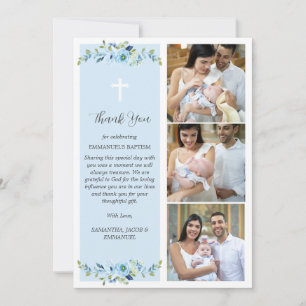 Blue Floral Multiphoto Baptism for Boys Thank You