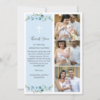 Blue Floral Multiphoto Baptism for Boys Thank You Card