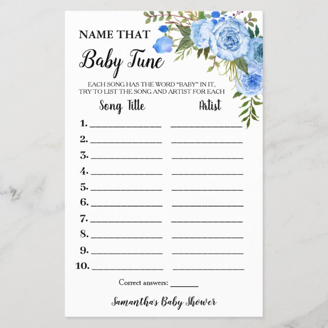Blue Floral Name Baby Tune Baby Shower Game card (Front)