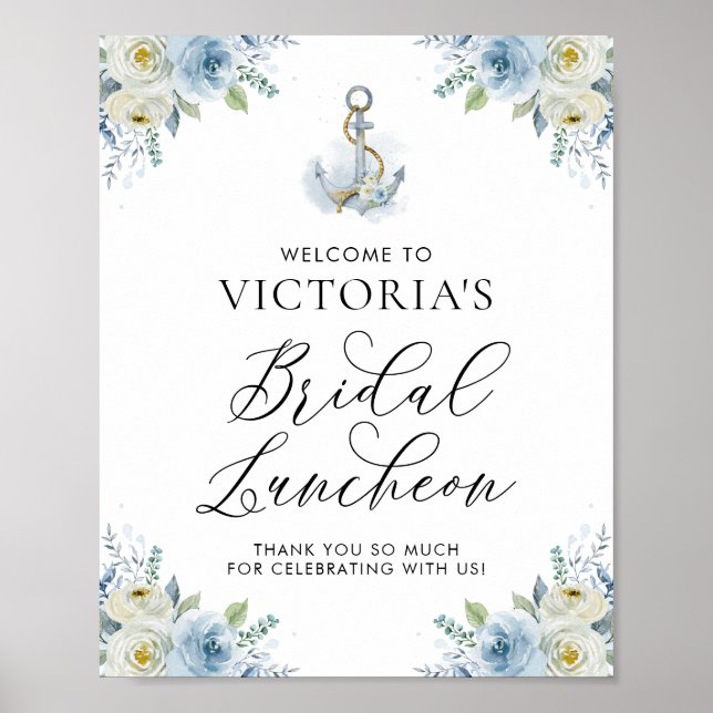 Blue Floral Nautical Bridal Luncheon Welcome Poster (Front)