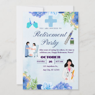 Blue Floral Nurse Retirement Party Invitation