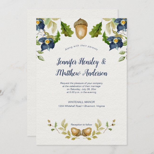 Blue Floral Oak Leaves Acorns Wedding | Invitation (Front/Back)