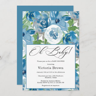 Blue Floral Oh Baby Shower Invitation