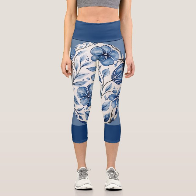 Blue Floral on Light Blue With Dark Blue Band Capri Leggings (Front)