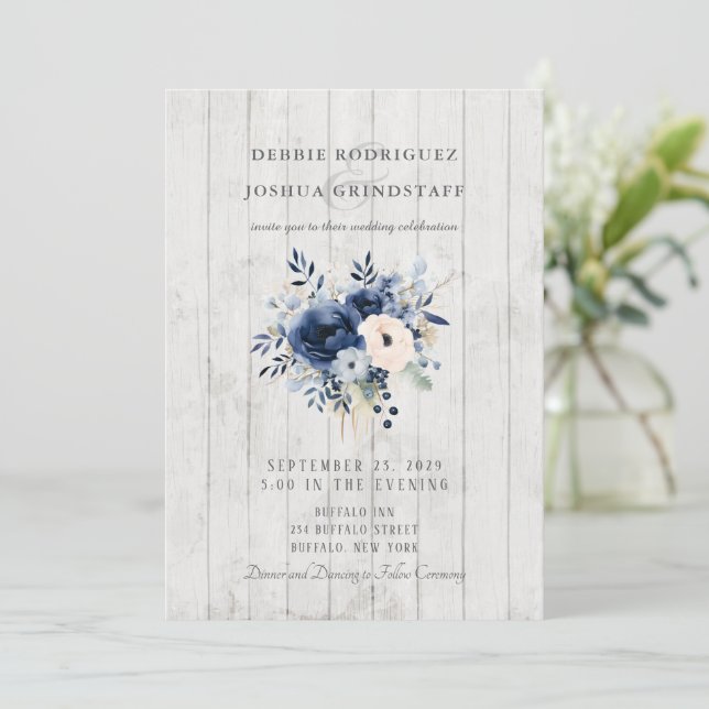 Blue Floral on Wood Wedding Invitation  (Standing Front)