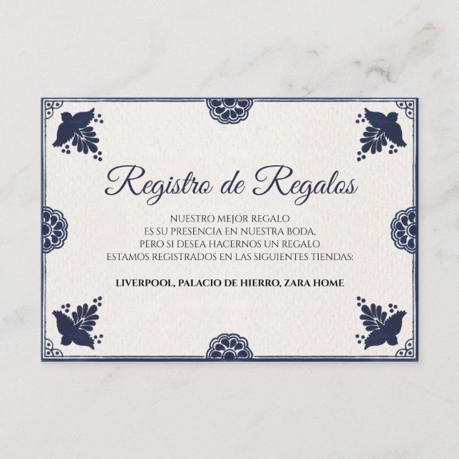 Blue Floral Otomi Simple Fiesta Spanish Wedding Enclosure Card (Front)