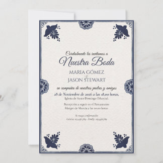 Blue Floral Otomi Simple Fiesta Spanish Wedding Invitation