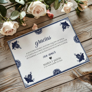 Blue Floral Otomi Simple Fiesta Spanish Wedding Thank You Card