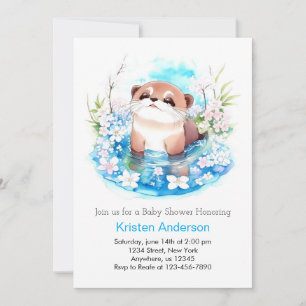 Blue Floral Otter Meadow Boy Baby Shower Invitation