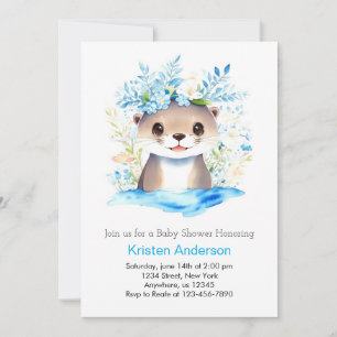 Blue Floral Otter Watercolor Boy Baby Shower Invitation