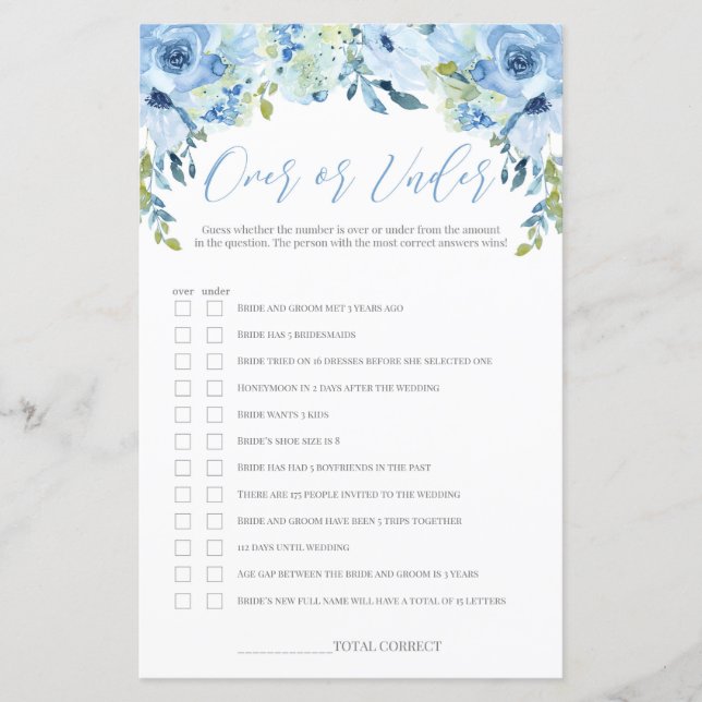 Blue floral over or under bridal shower game (Front)