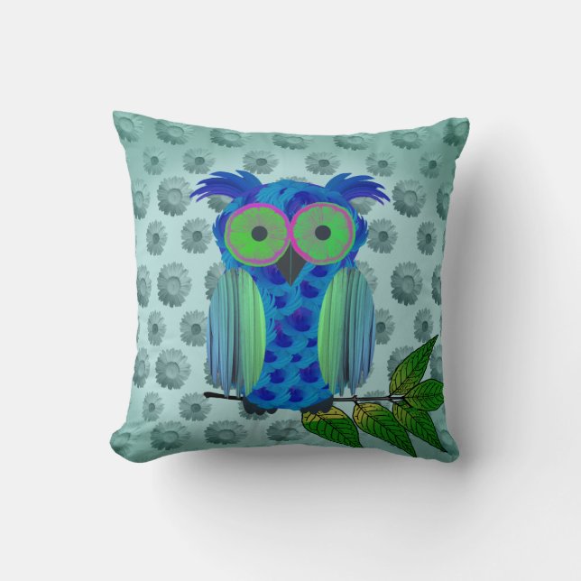 Blue Floral Owl Cushion (Front)
