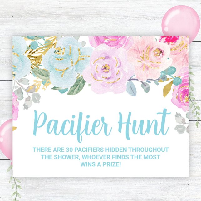 Blue Floral Pacifier Hunt Baby Shower Game Sign (Creator Uploaded)
