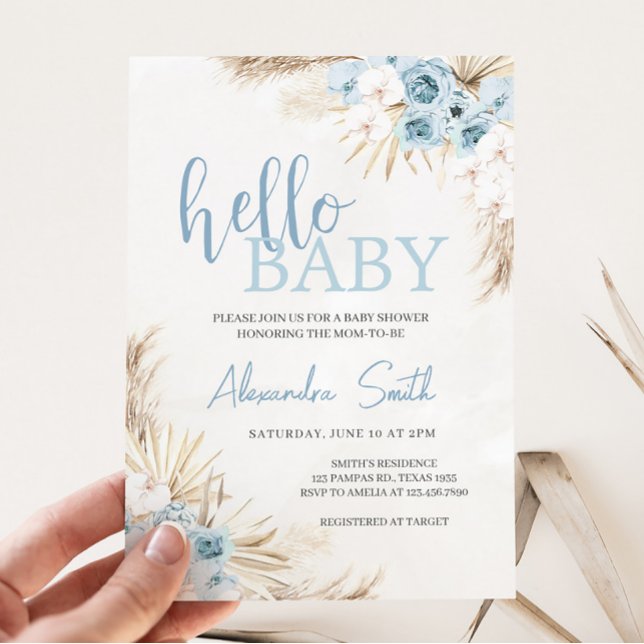 Blue Floral Pampas Grass Baby Shower  Invitation (Floral Pampas Grass Baby Shower Invitation)