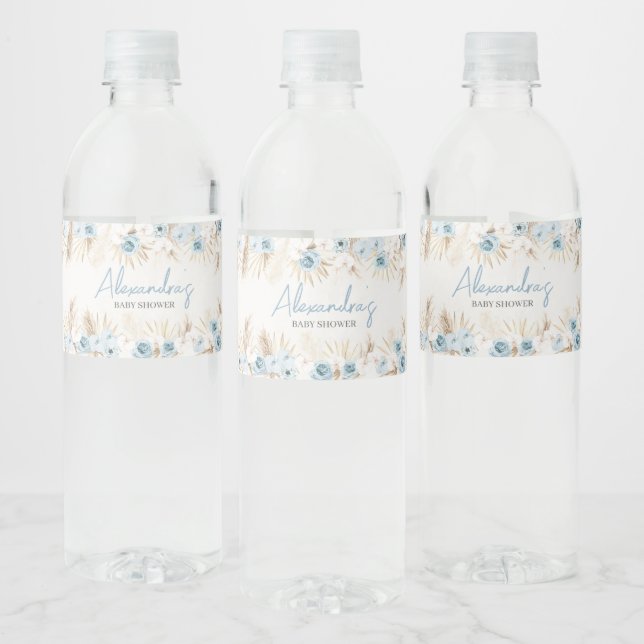 Blue Floral Pampas Grass Baby Shower  Water Bottle Label (Bottles)