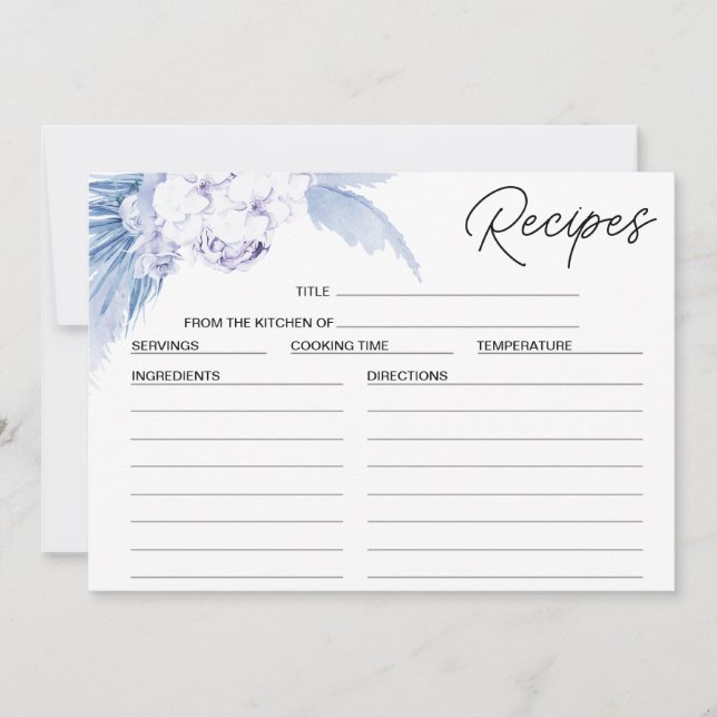 Blue Floral Pampas Palm Bridal Shower Recipe Card (Front)