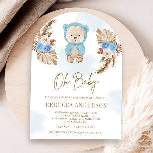 Blue Floral Pampas Teddy Bear Arch Baby Shower Invitation