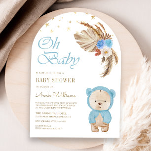 Blue Floral Pampas Teddy Bear Arch Baby Shower Invitation