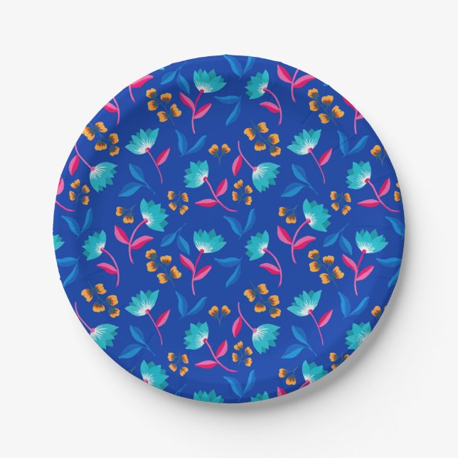 Blue Floral Paper Picnic Party Plate (Front)