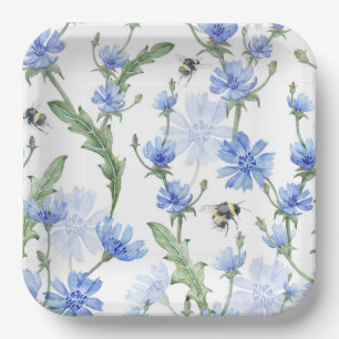 Blue Floral Paper Plates, Botanical Bee Party Plate