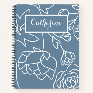 Blue Floral Pastel Elegant Line Art Flowers Notebook
