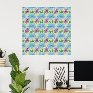 Blue Floral Pattern Aesthetic   Watercolor Flower  Poster