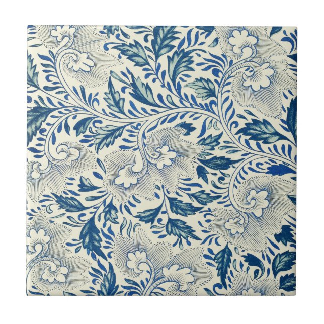 Blue Floral Pattern Antique Asian Design Ceramic Tile (Front)