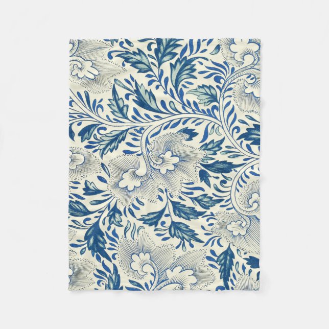 Blue Floral Pattern Antique Asian Design Fleece Blanket (Front)