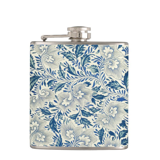 Blue Floral Pattern Antique Asian Design Hip Flask (Front)