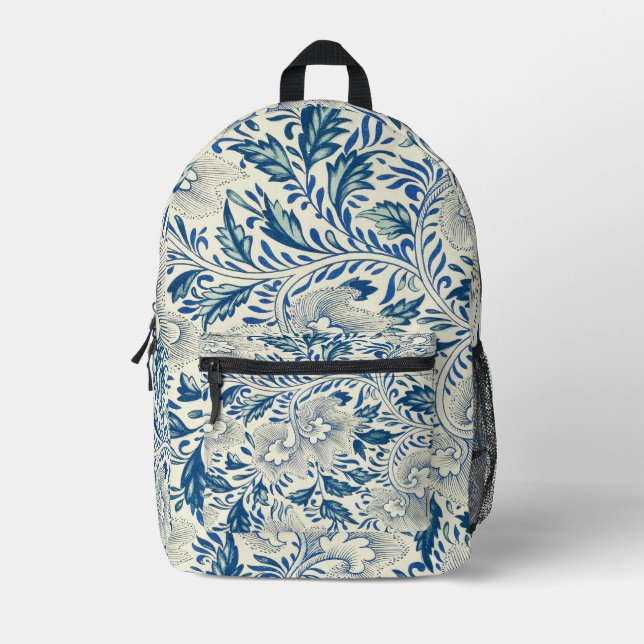 Blue Floral Pattern Antique Asian Design Printed Backpack (Front)