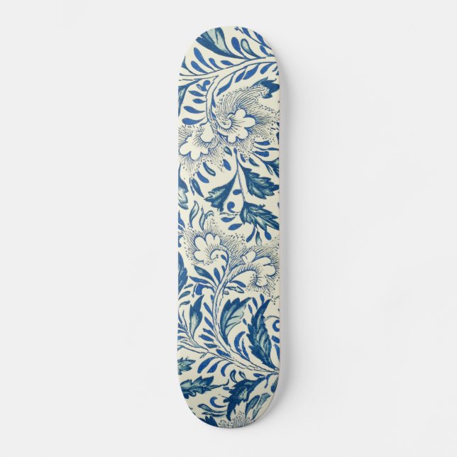 Blue Floral Pattern Antique Asian Design Skateboard (Front)