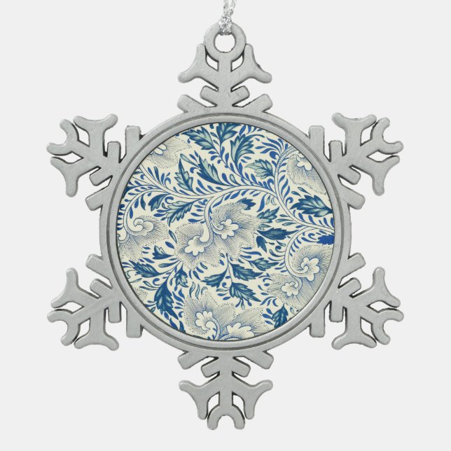 Blue Floral Pattern Antique Asian Design Snowflake Pewter Christmas Ornament (Front)