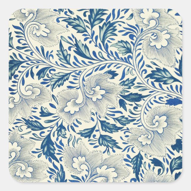 Blue Floral Pattern Antique Asian Design Square Sticker (Front)